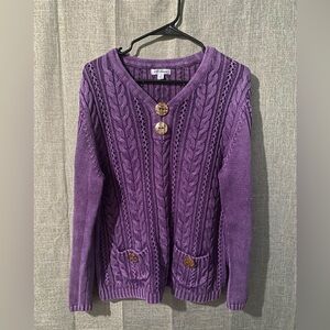 PBJ Blues Distressed Purple Chunky Cable Knit Button Detail Sweater Pockets L